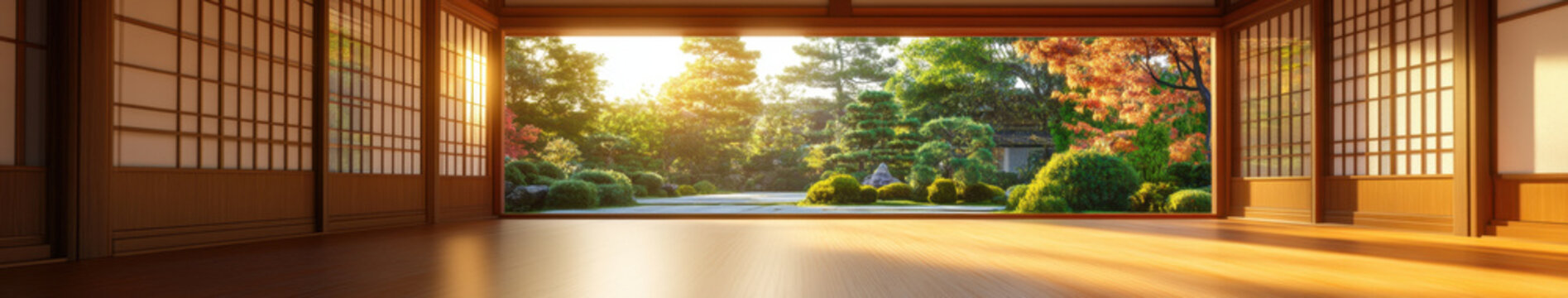serene traditional Japanese dojo with sliding doors, showcasing beautiful garden view filled with greenery and sunlight. warm wooden interior enhances peaceful atmosphere