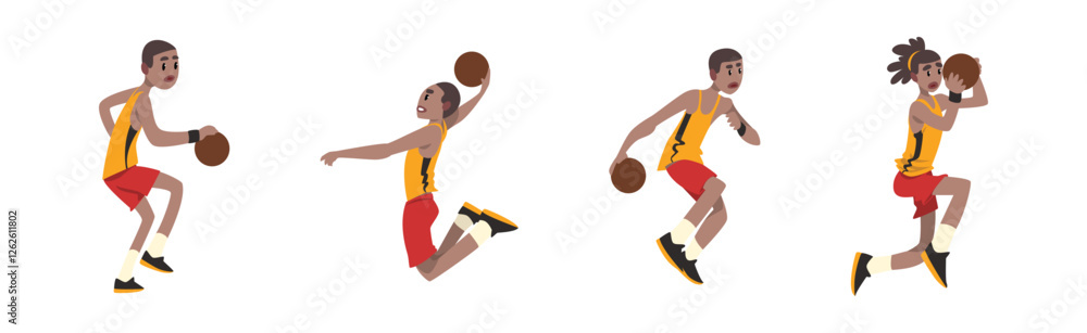 Poster man basketball player wear uniform in different pose with ball vector set