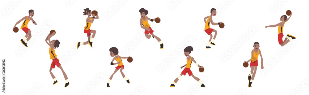 Poster man basketball player wear uniform in different pose with ball vector set