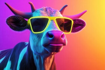 a playful holstein cow wearing neon-rimmed sunglasses, digital art style with vibrant colors and gradient background, whimsical expression, 3d rendered