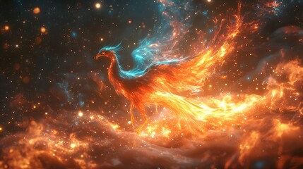 Fiery Phoenix in Cosmic Nebula. Possible use Fantasy illustration or science fiction artwork