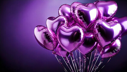 A cluster of vibrant purple foil heart balloons floating weightlessly against a perfectly gradient background