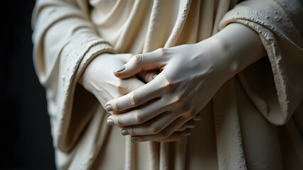 Graceful carved statue with folded hands, draped in a flowing robe, captured in a gentle close-up. Soft light highlights delicate artistry, evoking calm reflection and sacred reverence.
