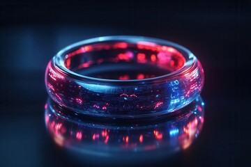 a sleek quantum payment ring glowing with holographic displays, scanning biometric data through ethereal light patterns, set against a dark tech-minimal background