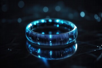 a sleek quantum payment ring glowing with holographic displays, scanning biometric data through ethereal light patterns, set against a dark tech-minimal background