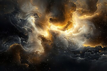 a swirling cosmos of liquid gold and obsidian marble, with ethereal white wisps dancing through...