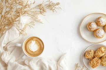 X&iacute;cara de caf&eacute; elegante com detalhes dourados, acompanhada de doces e decora&ccedil;&otilde;es festivas em fundo branco, criada com IA generativa para um visual sofisticado e convidativo