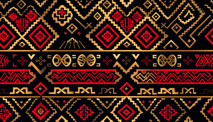 A vibrant geometric pattern featuring red and gold designs on a black background.