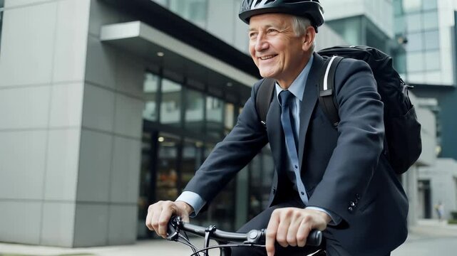 Smiling senior businessman riding bicycle through an urban environment commuting to work.
