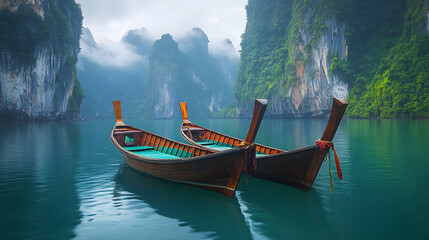 Serene boats in calm waters surrounded by majestic cliffs and misty mountains