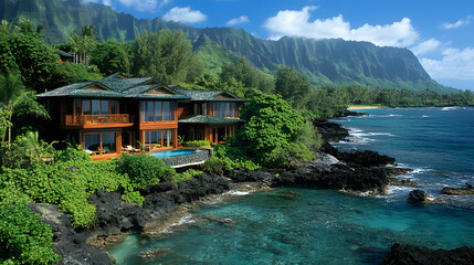 Naklejka premium Tropical beachfront villa surrounded by lush greenery and mountains