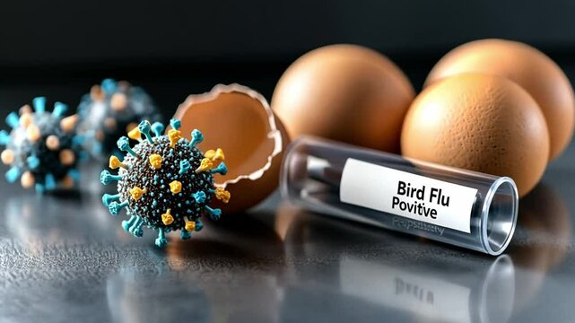 Concept of bird flu impact on poultry with eggs and biological sample