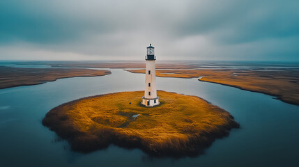 Fototapeta premium Lighthouse on an island surrounded by water and grassland under a cloudy sky