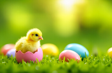 Cute yellow chicken hatches from a pink egg on the green grass with colorful Easter eggs in the background and a space for text. Selective focus, shallow depth of field.
