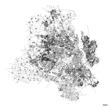 Delhi city map with roads and streets, India. Vector outline illustration.