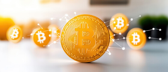 A shiny Bitcoin coin is prominently featured, surrounded by smaller Bitcoin symbols, symbolizing digital currency and cryptocurrency innovation.