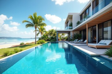 A Luxurious Beachfront Villa with a Stunning Infinity Pool, Surrounded by Lush Palm Trees, Offering Breathtaking Ocean Views and Sunshine in a Tropical Paradise