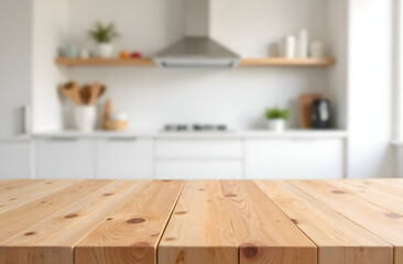 Empty wooden table with the bright white interior of the kitchen as a blurred background behind. Blurred background, selective focus.