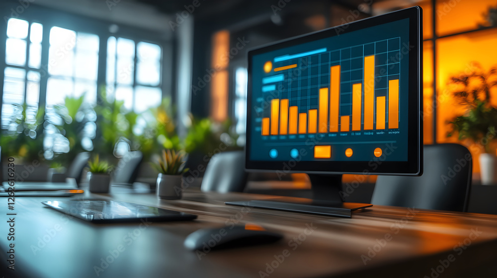 Aufkleber Modern workspace with a monitor displaying financial data and greenery