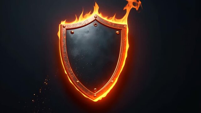 4k footage of a metal shield burning with fire on a gray background
