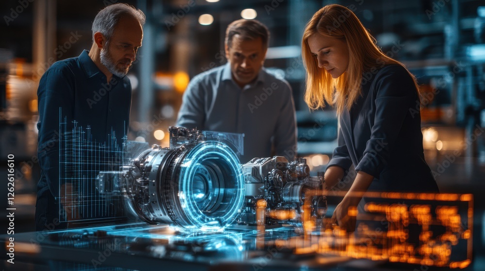 Poster professionals collaborate over a futuristic engine model, integrating technology and analytics to en
