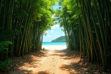 Obraz premium Tranquil Pathway Through Lush Bamboo Forest Leading to a Serene Tropical Beach with Crystal Clear Waters and Gentle Waves Under a Bright Blue Sky