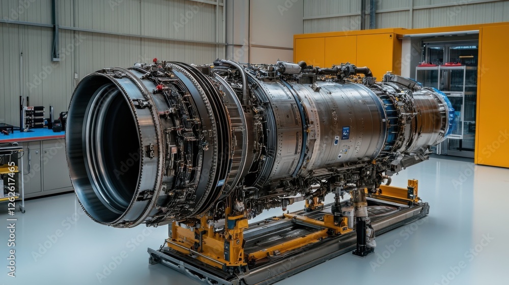 Poster a detailed jet engine displayed in a workshop, showcasing its intricate design and engineering preci