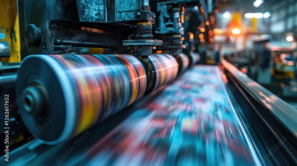 Poster a dynamic scene of a printing press in action, showcasing vibrant colors and motion as printed mater