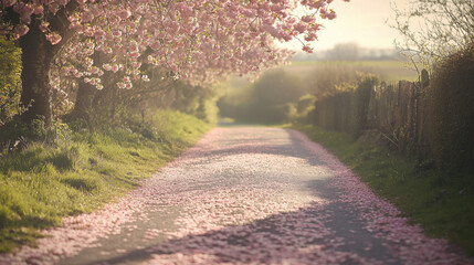 Naklejka premium Serene countryside path covered in pink cherry blossom petals under blooming trees