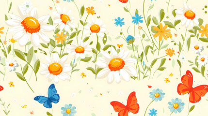 A vibrant illustration of flowers and butterflies on a light background.