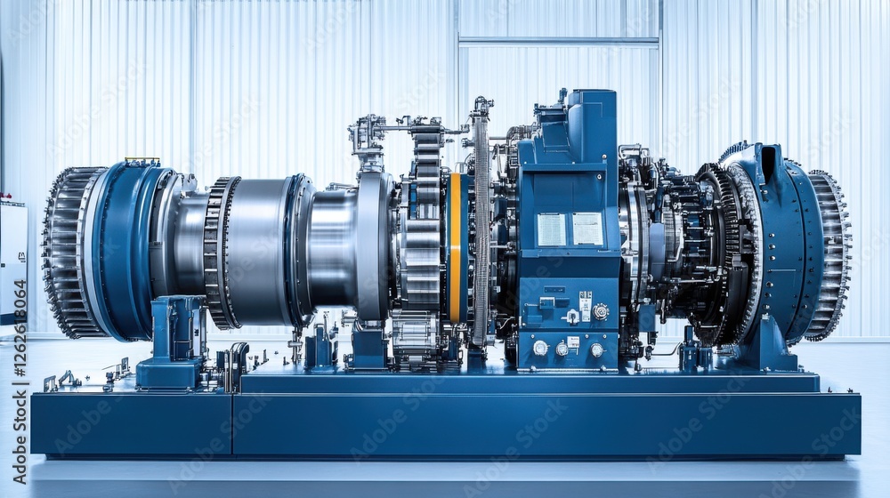 Poster a sleek, modern turbine engine displayed in a high-tech environment, showcasing intricate components