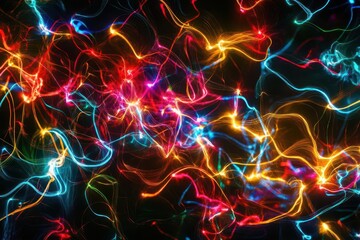 Fototapeta premium abstract neural network visualization with colorful light trails connecting across a dark background, representing diverse thought patterns