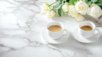 Two cups of coffee on a marble table with white roses in the background, creating a serene atmosphere