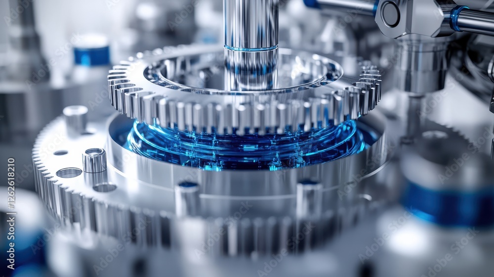Aufkleber a close-up view of a metallic gear mechanism with blue liquid, showcasing intricate engineering and 