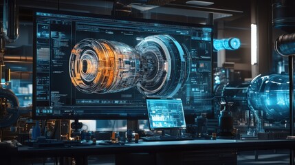 Futuristic control center displaying intricate holographic technology and data visuals, with advanced machinery and screens highlighting innovation and design.