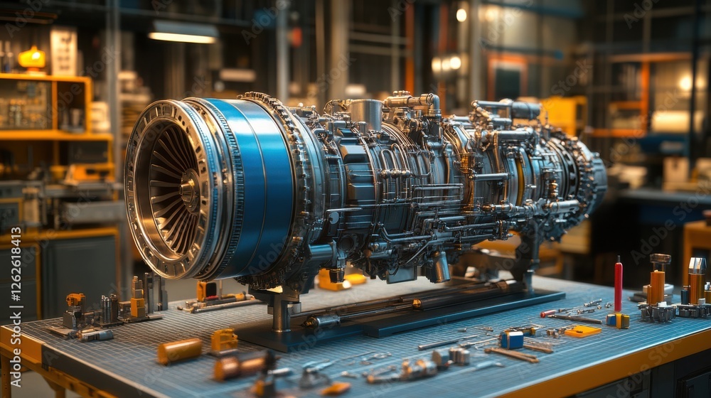 Poster a detailed model of a jet engine displayed on a workbench in a well-lit industrial workshop, showcas