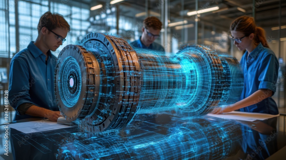 Poster a futuristic workspace showcases engineers examining a holographic turbine model, blending physical 