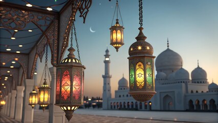 Obraz premium Magnificent Ramadan Lanterns Hanging Before a Grand Mosque at Sunset