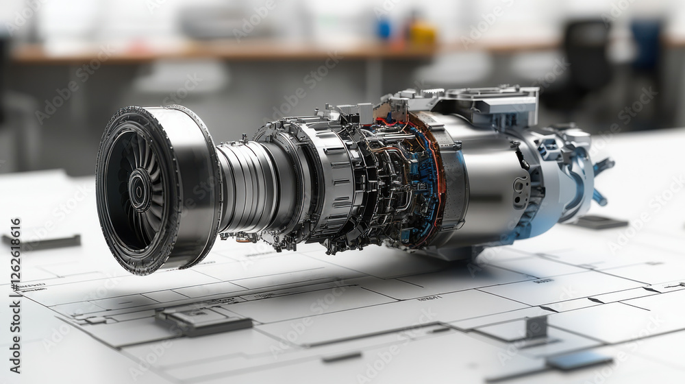 Poster a detailed, realistic rendering of a jet engine, showcasing its intricate internal components and de