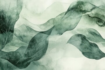 Naklejka premium abstract watercolor wash in emerald and sage greens, organic flowing patterns suggesting leaves and natural forms