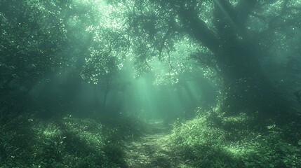 Fototapeta premium Mystical forest path, sunbeams through fog
