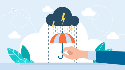 Businessman holding umbrella with rain and cloud, business concept.
A business man is ready for the storm. The concept of crisis preparedness. Cloud with Rain drop on umbrella. Vector illustration
