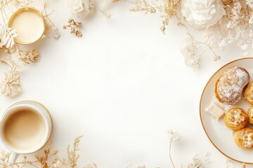 Xícara de café elegante com detalhes dourados, acompanhada de doces e decorações festivas em fundo branco, criada com IA generativa para um visual sofisticado e convidativo