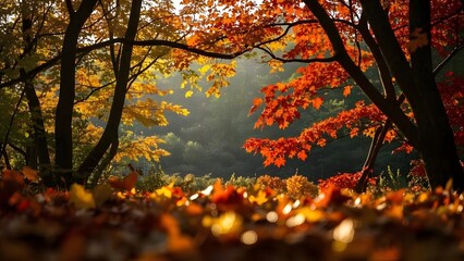 Autumn leaves in warm golden and red tones with soft sunlight