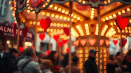 Obraz premium Heart-Themed Carousel Ride with Warm Lighting and Surreal Fractal Patterns”16:9 ar Levity and Laughter -digital art in Blurred bokeh background 