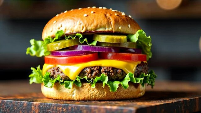 4k close-up shot of a big juicy burger on a wooden table