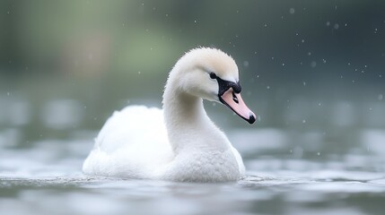 Obraz premium Peaceful swan on a lake during a light rain. Possible use Nature background, wildlife photography