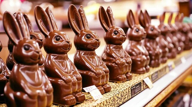 Lots of chocolate bunnies on counter in store. Traditional Easter treat. Easter candy sale