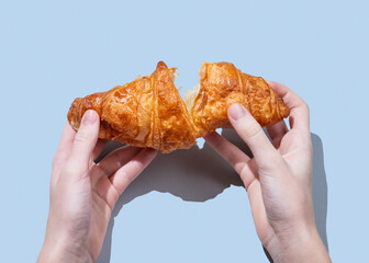 Hands breaking a fresh croissant over a blue background with shadow. Creative mockup for cafe