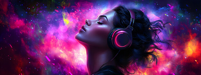 A beautiful woman wearing headphones, she is relaxed and happy

